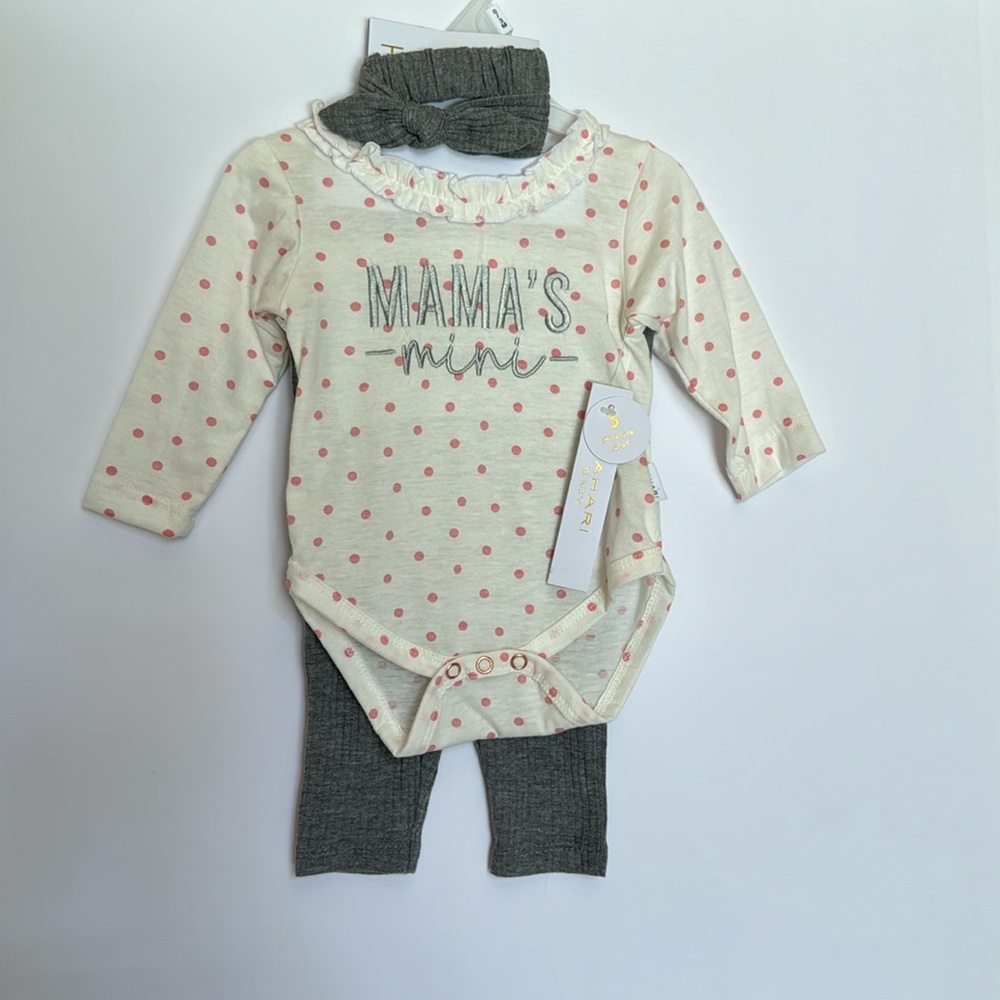 NWT Tahari Baby, 3 piece matching set, onesie/ruffle pants/headband, 0-3M